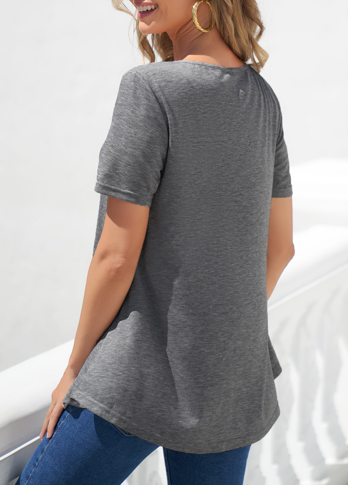 Decorative Button Grey Contrast Short Sleeve T Shirt