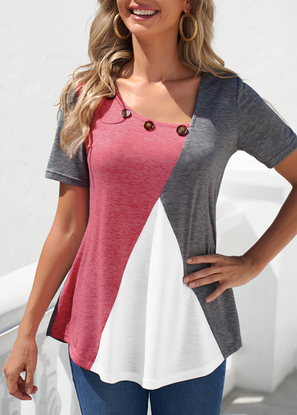 Decorative Button Grey Contrast Short Sleeve T Shirt