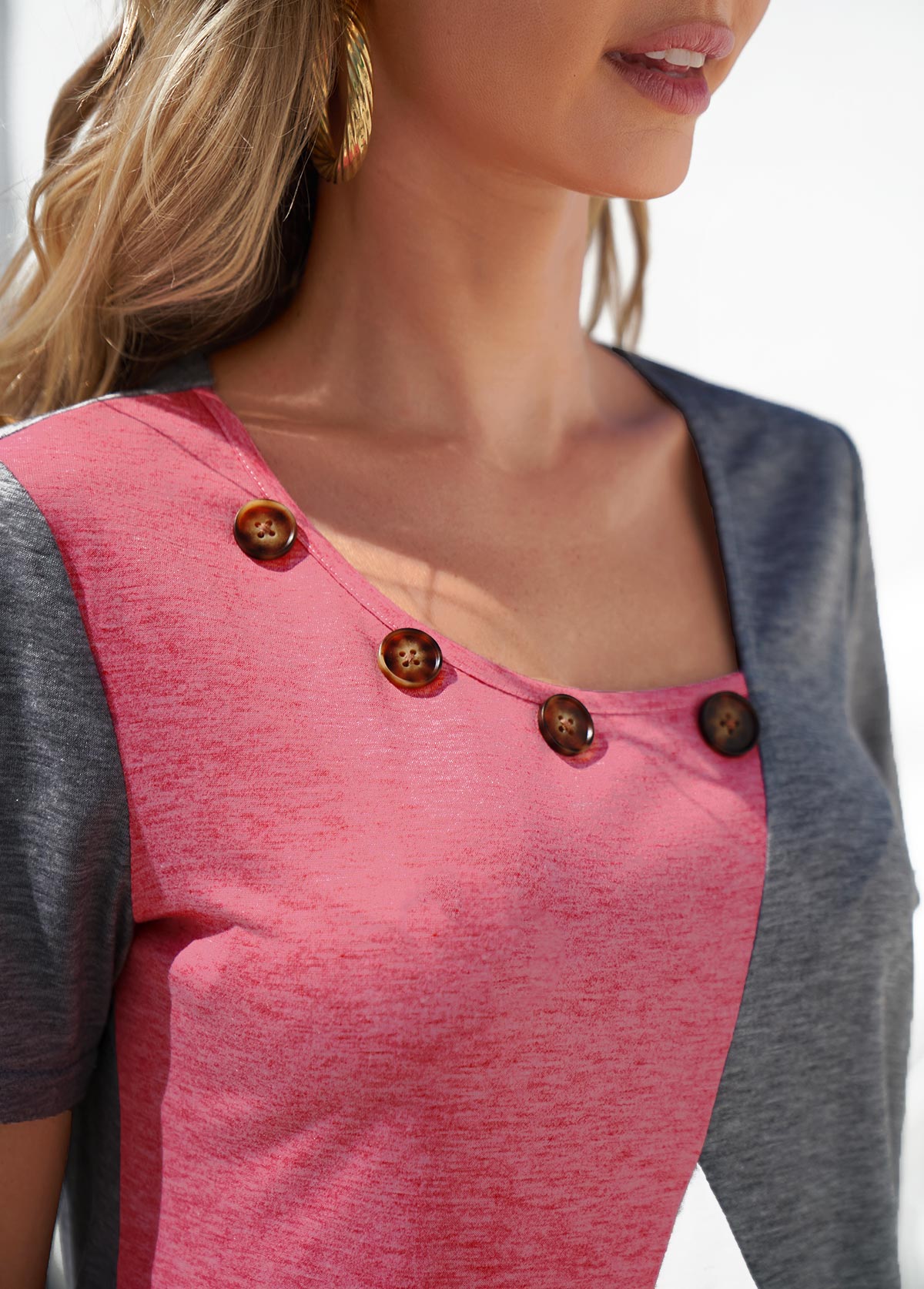 Decorative Button Grey Contrast Short Sleeve T Shirt