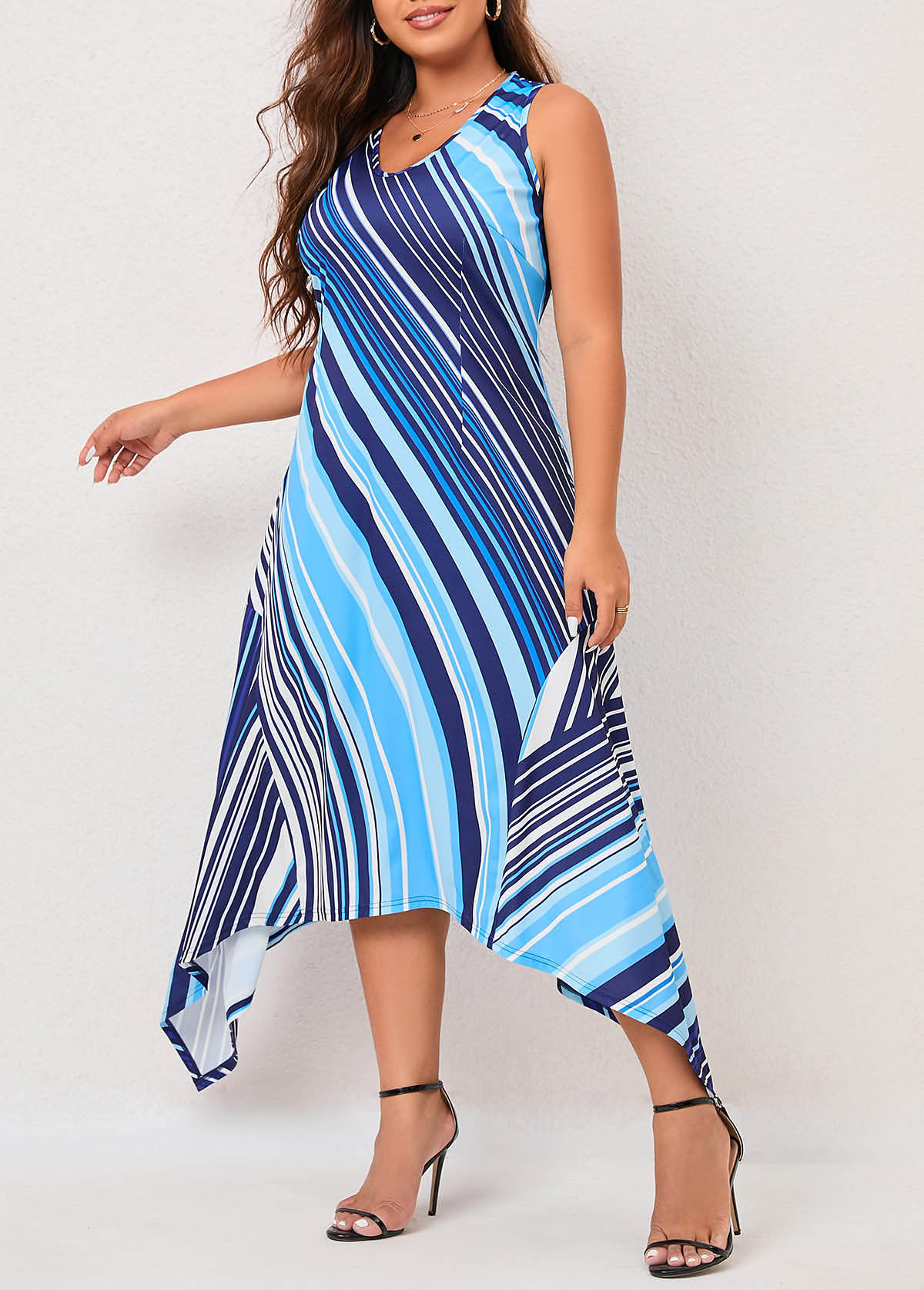 Blue Striped Asymmetric Hem Plus Size Sleeveless Dress