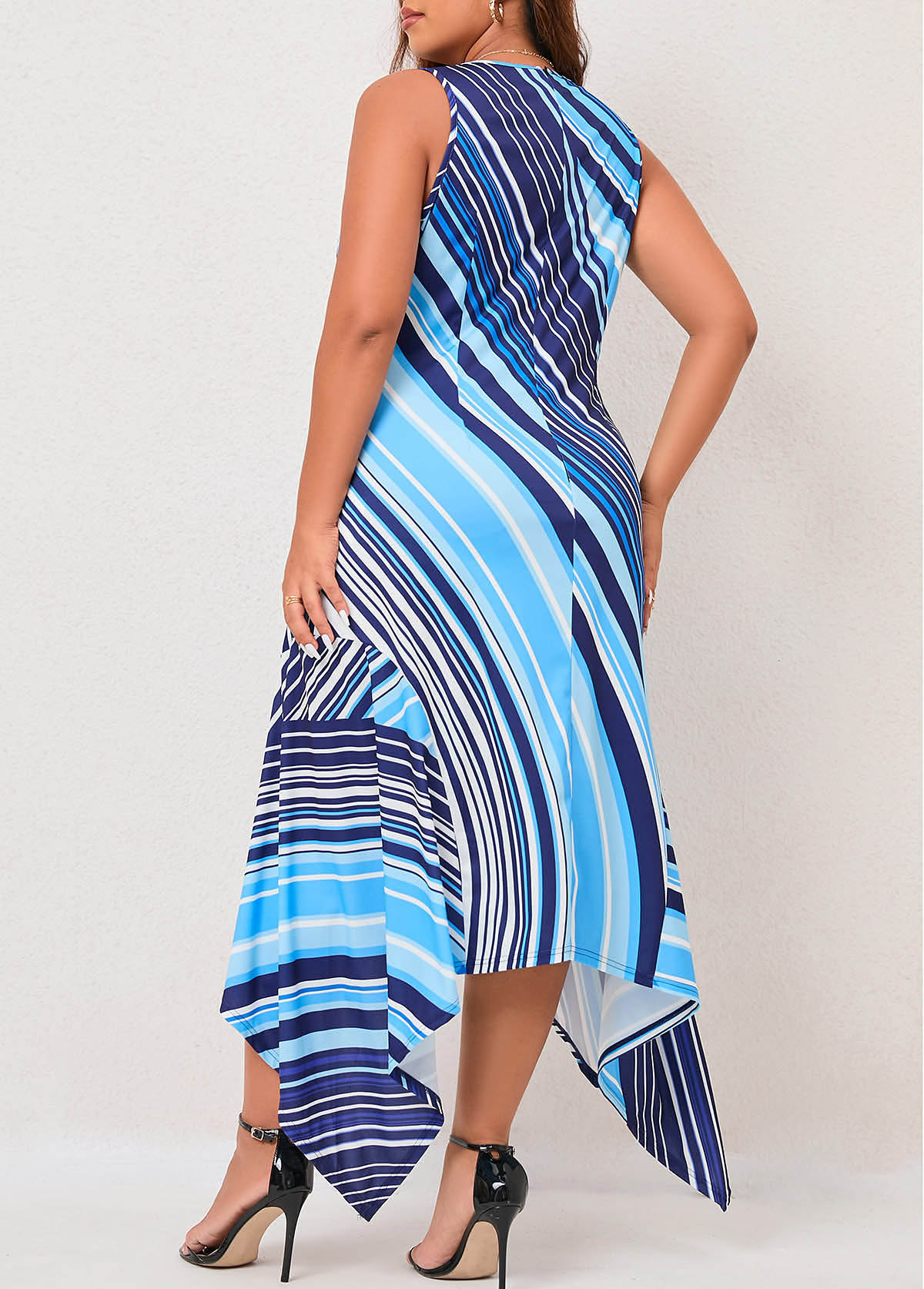 Blue Striped Asymmetric Hem Plus Size Sleeveless Dress