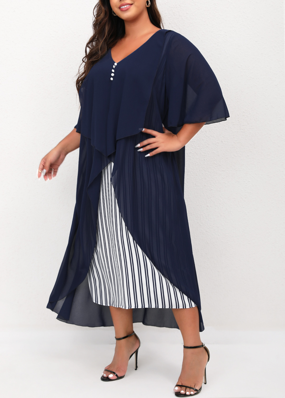 Navy Blue Striped Plus Size V Neck Dress