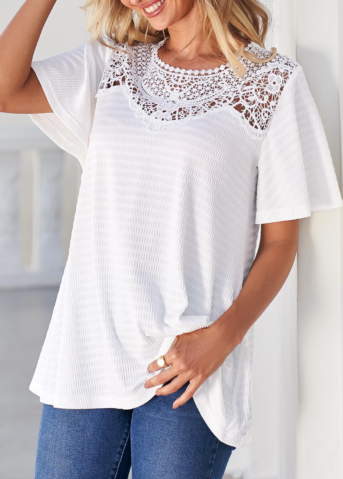 Lace Patchwork Short Sleeve White T Shirt