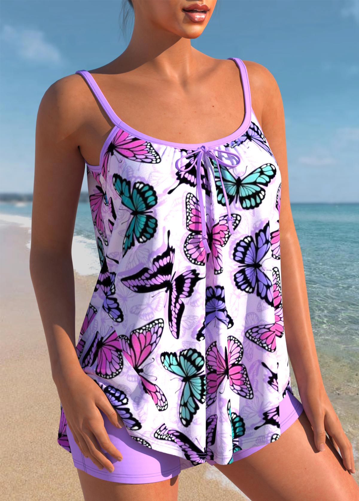 Butterfly Print Purple Spaghetti Strap Tankini Set