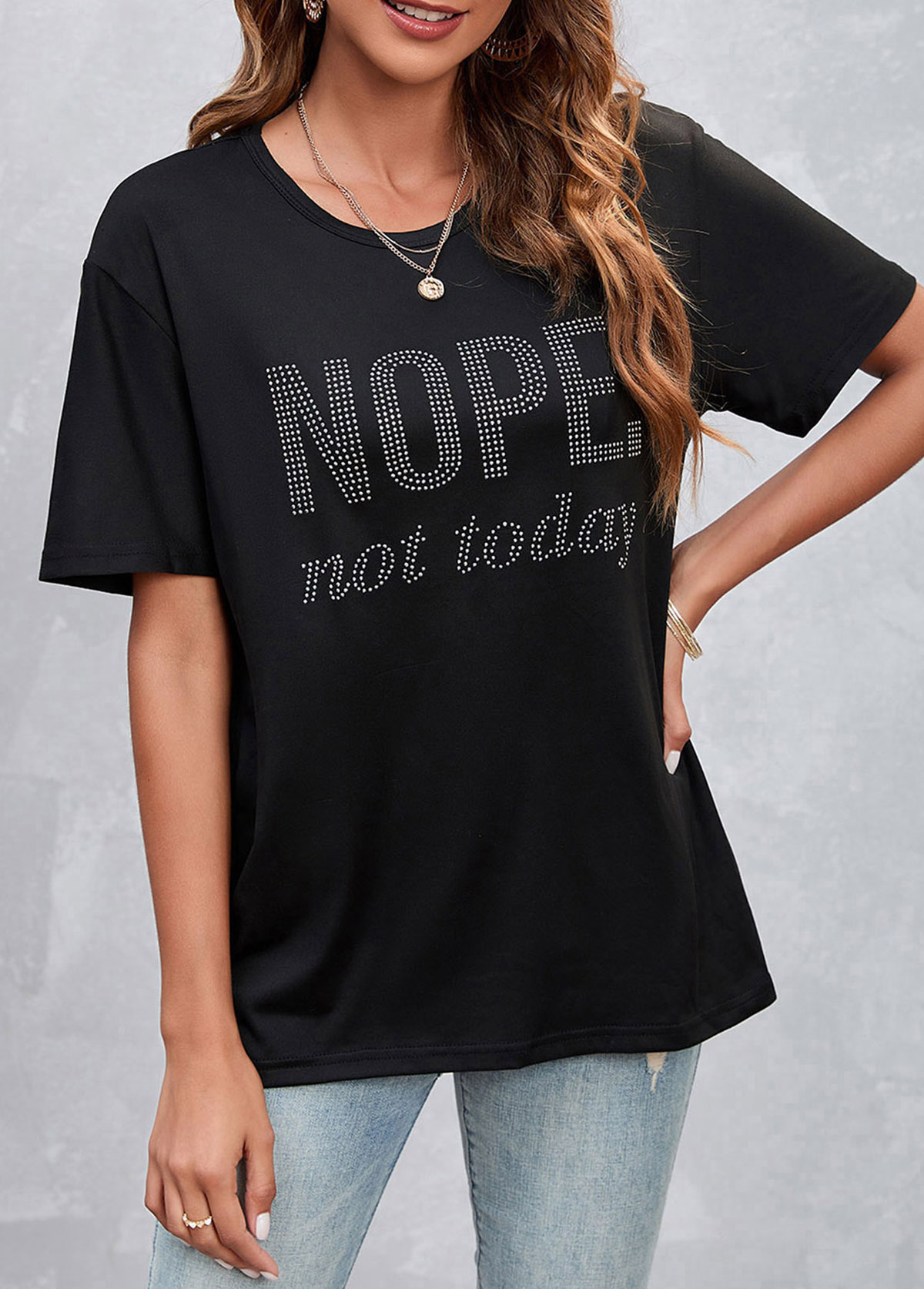 Black Hot Drilling Letter Design T Shirt