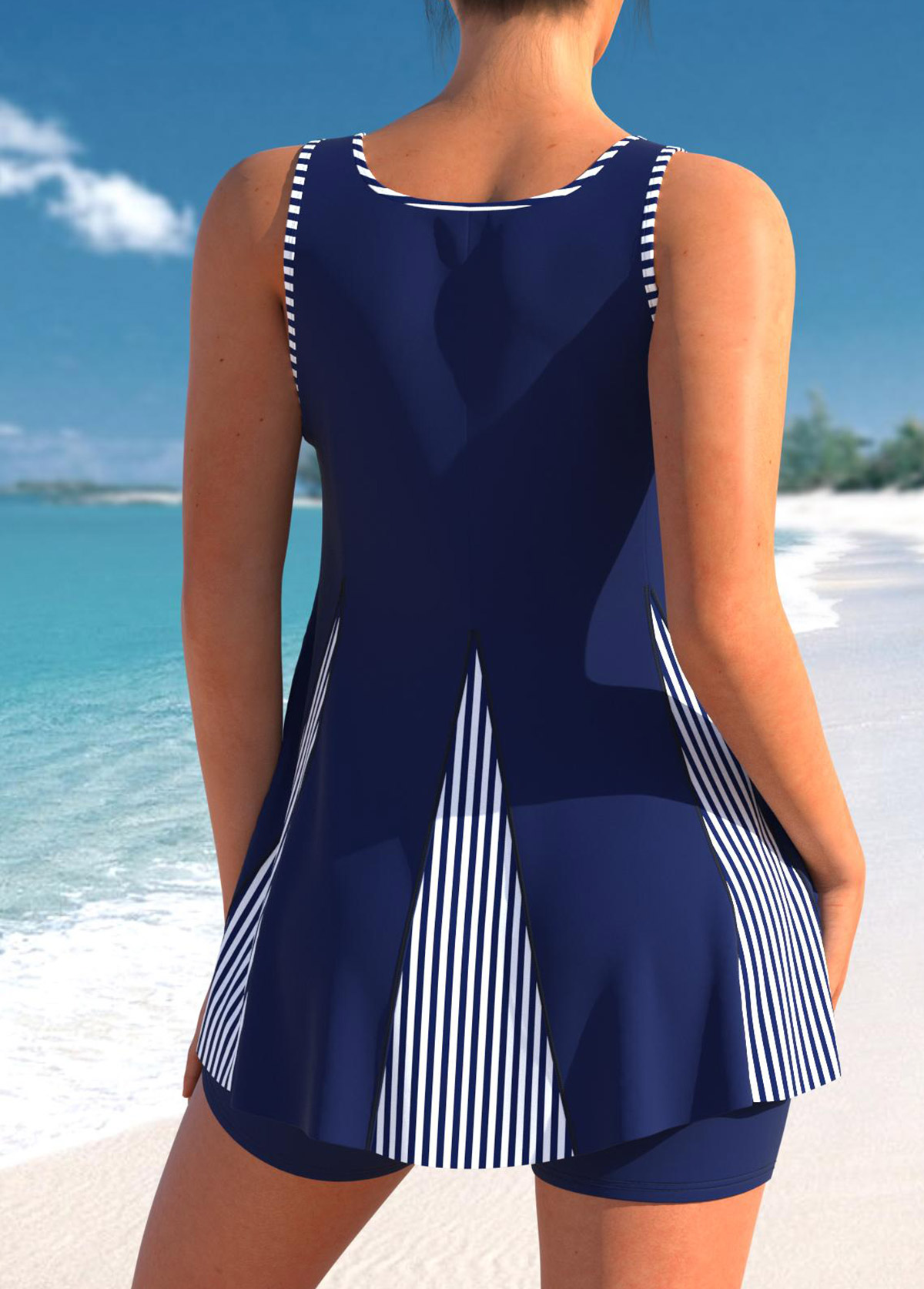 Bowknot Stripe Print Navy Blue Tankini Set