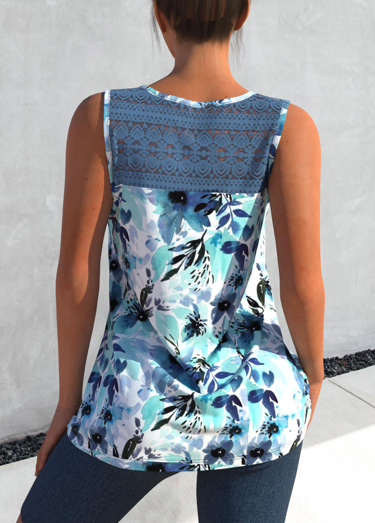 Blue Lace Stitching Floral Print Tank Top
