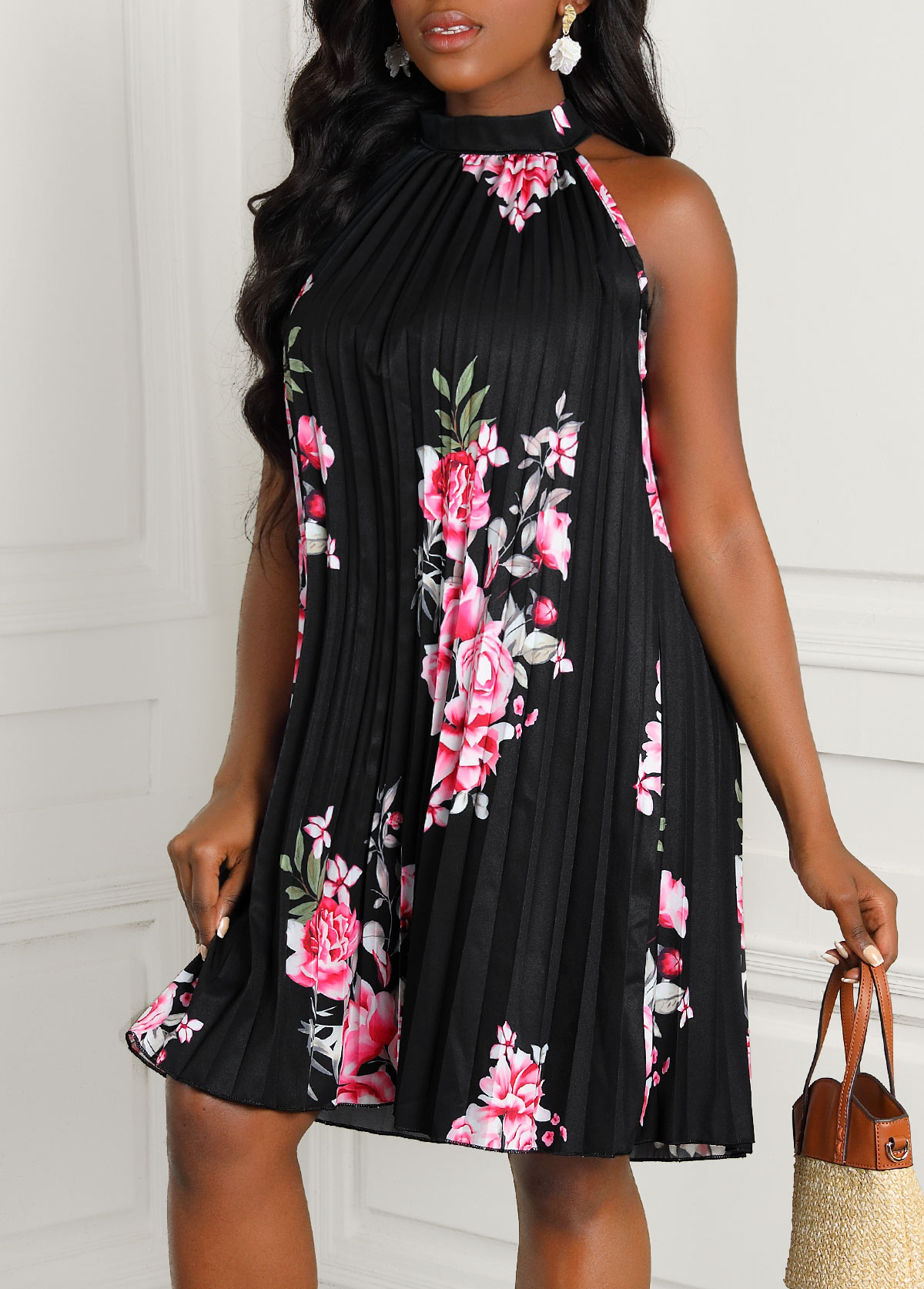 Floral Print Bib Neck Black Sleeveless Dress