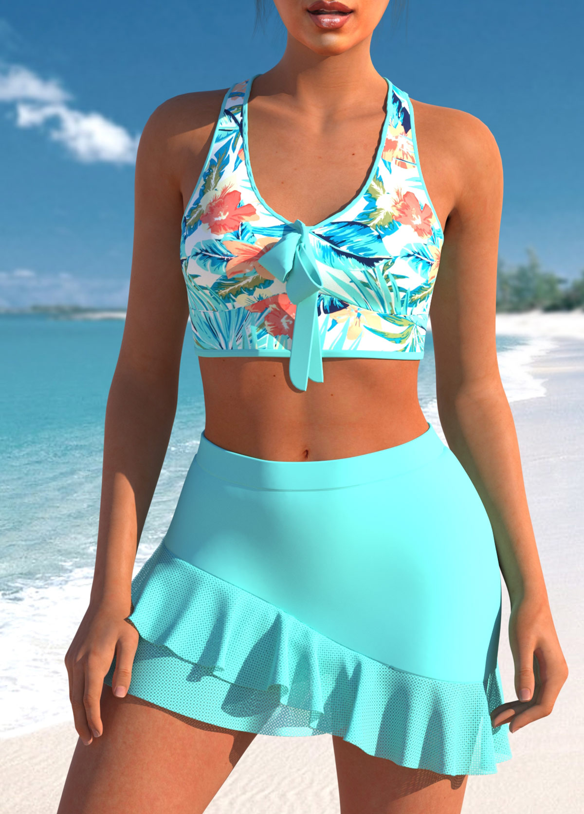 Tropical Print Cyan Cross Strap Bikini Set