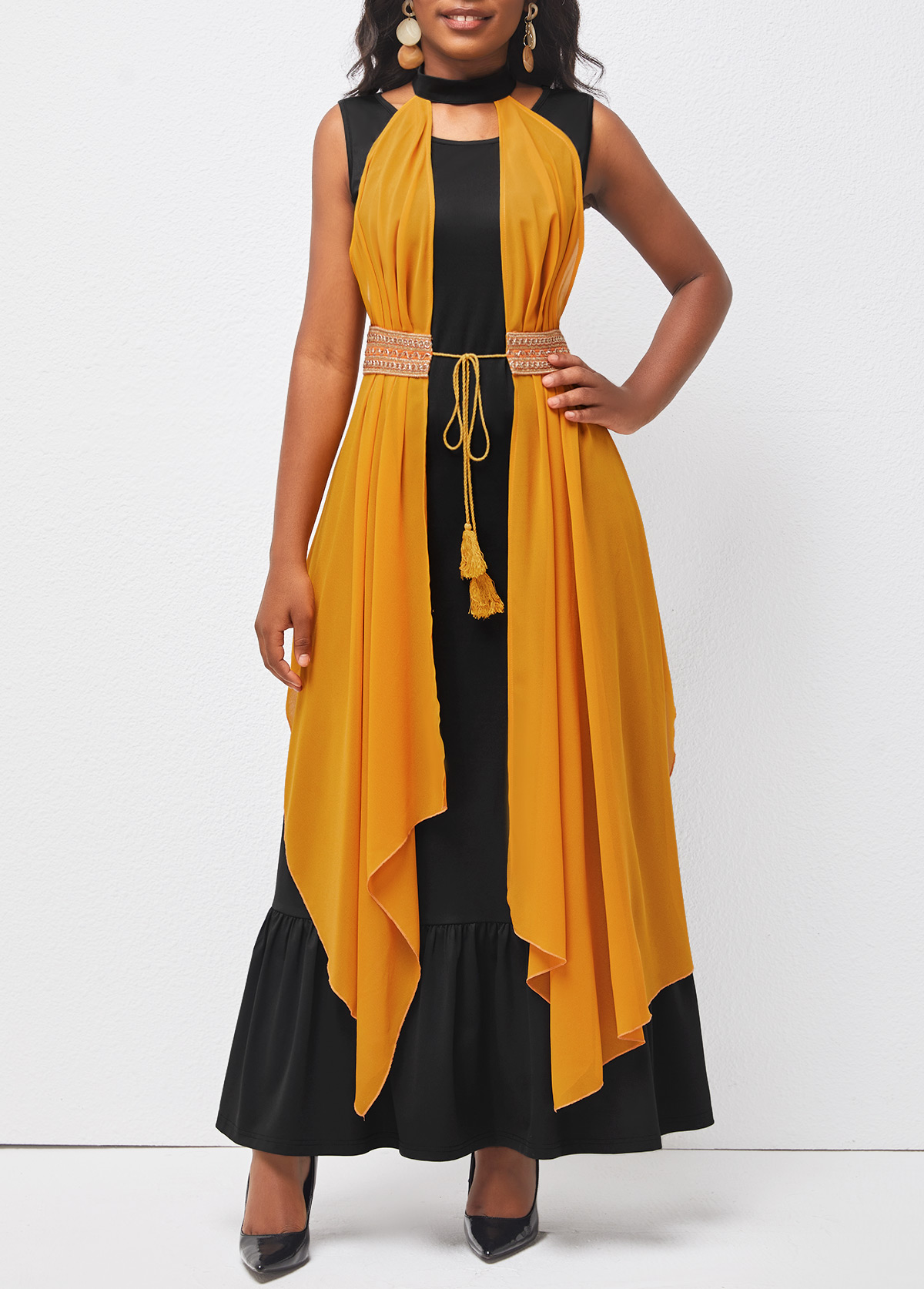 Ruffle Hem Tie Front Ginger Halter Belted Dress