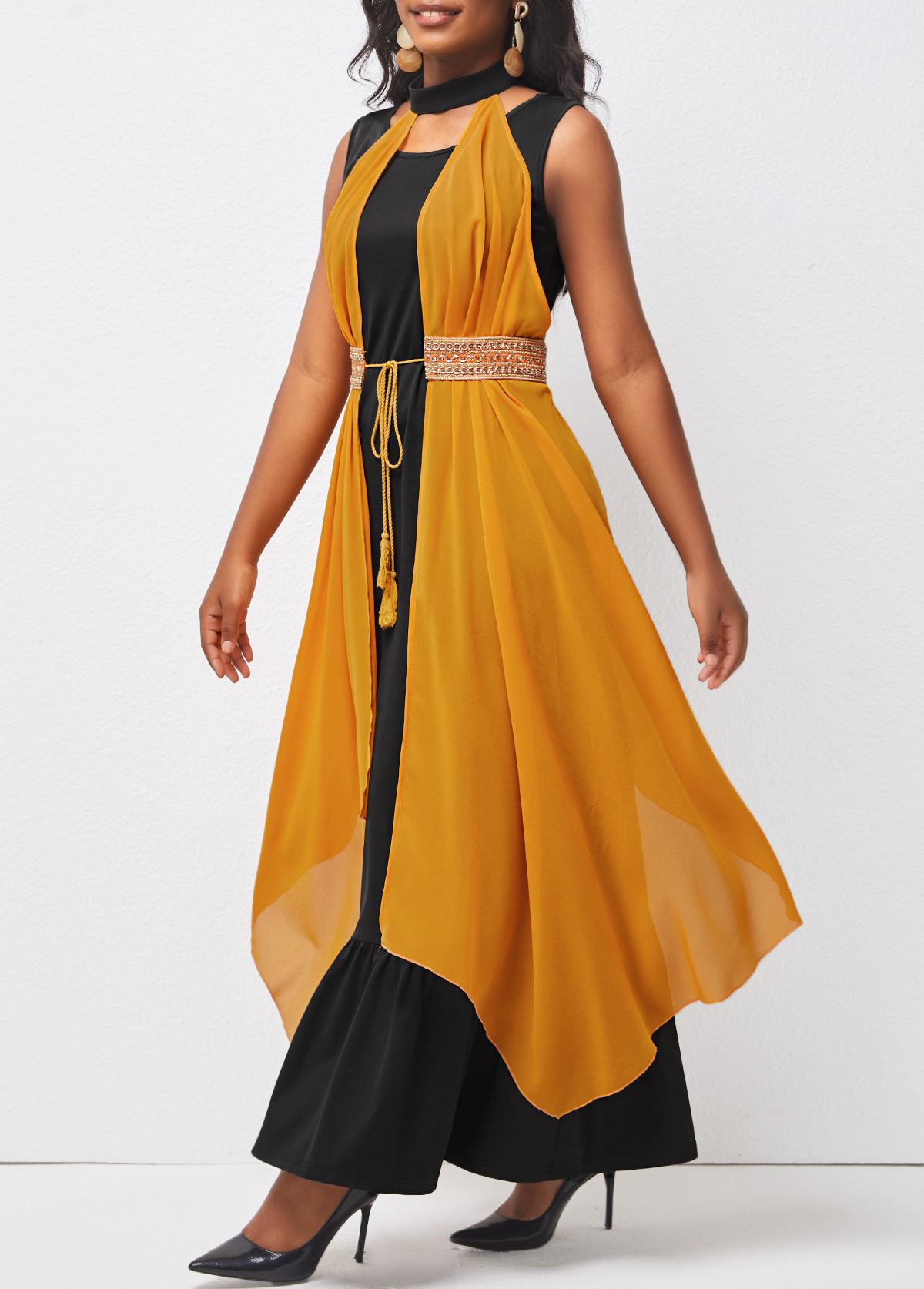 Ruffle Hem Tie Front Ginger Halter Belted Dress