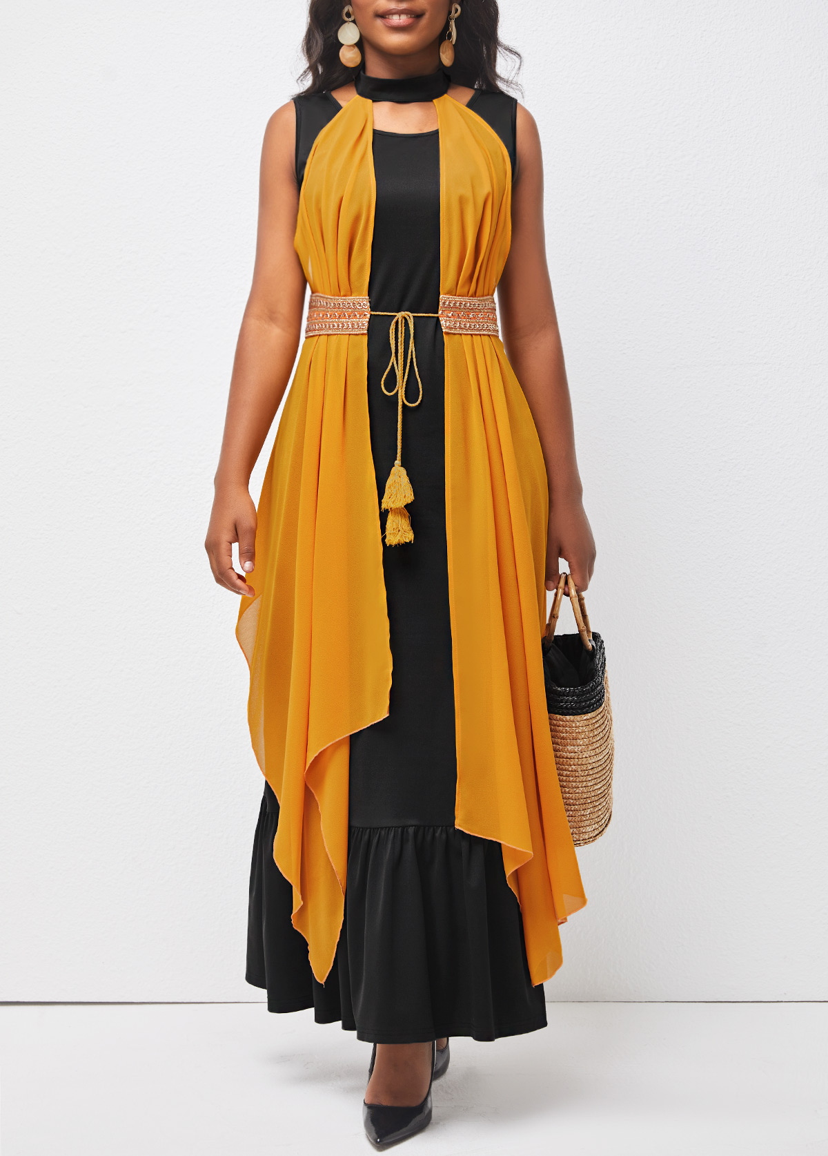 Ruffle Hem Tie Front Ginger Halter Belted Dress