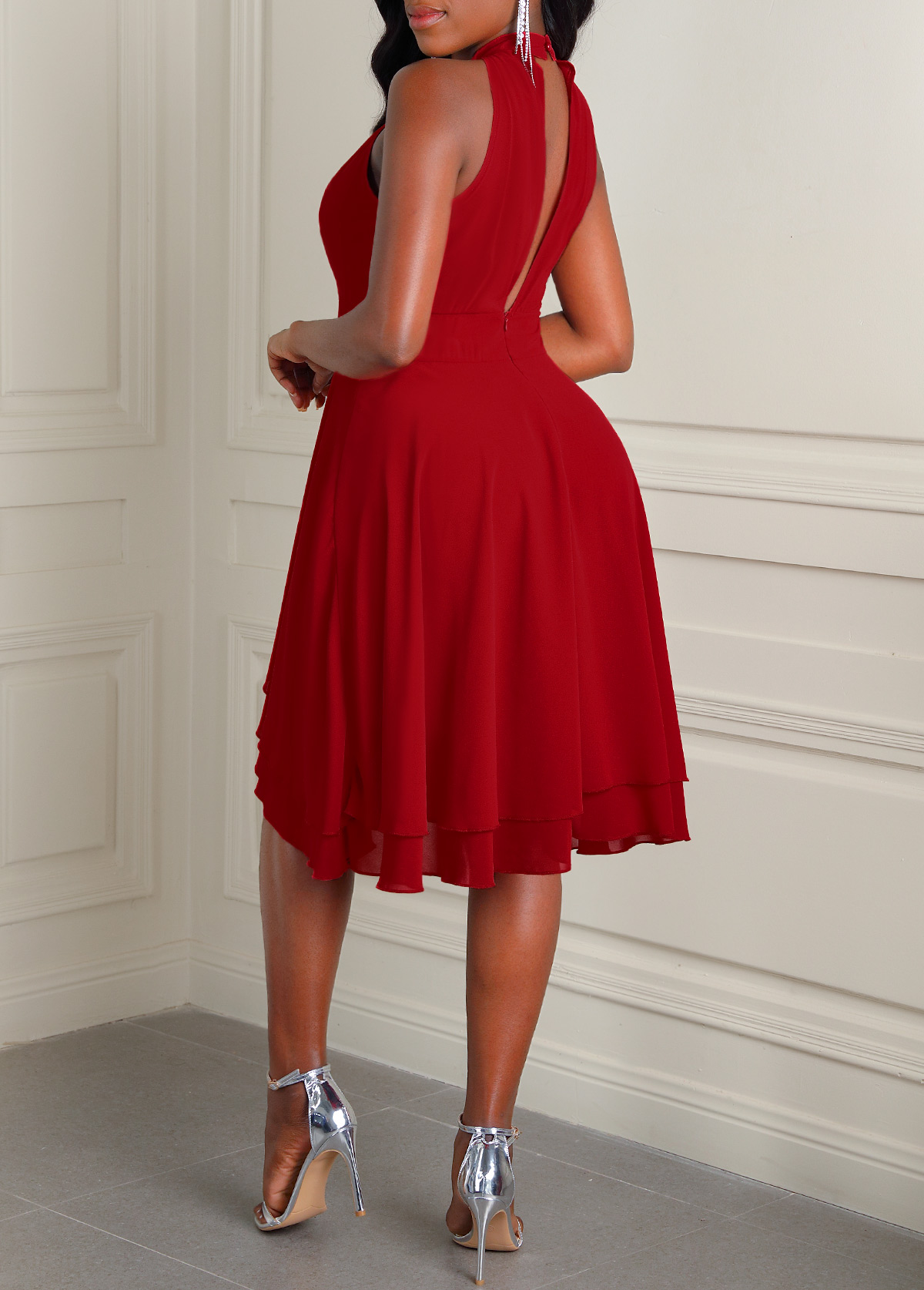 Layered Hem Wine Red Sleeveless Dress
