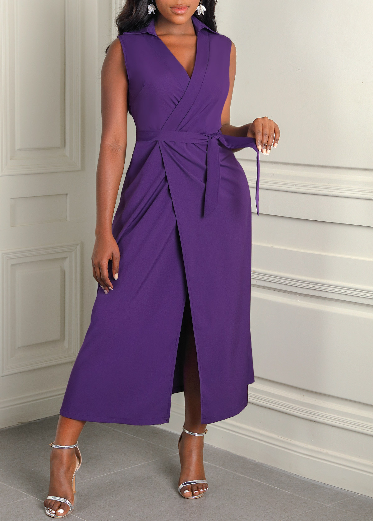 Purple Cross Front Sleeveless Belted Dress