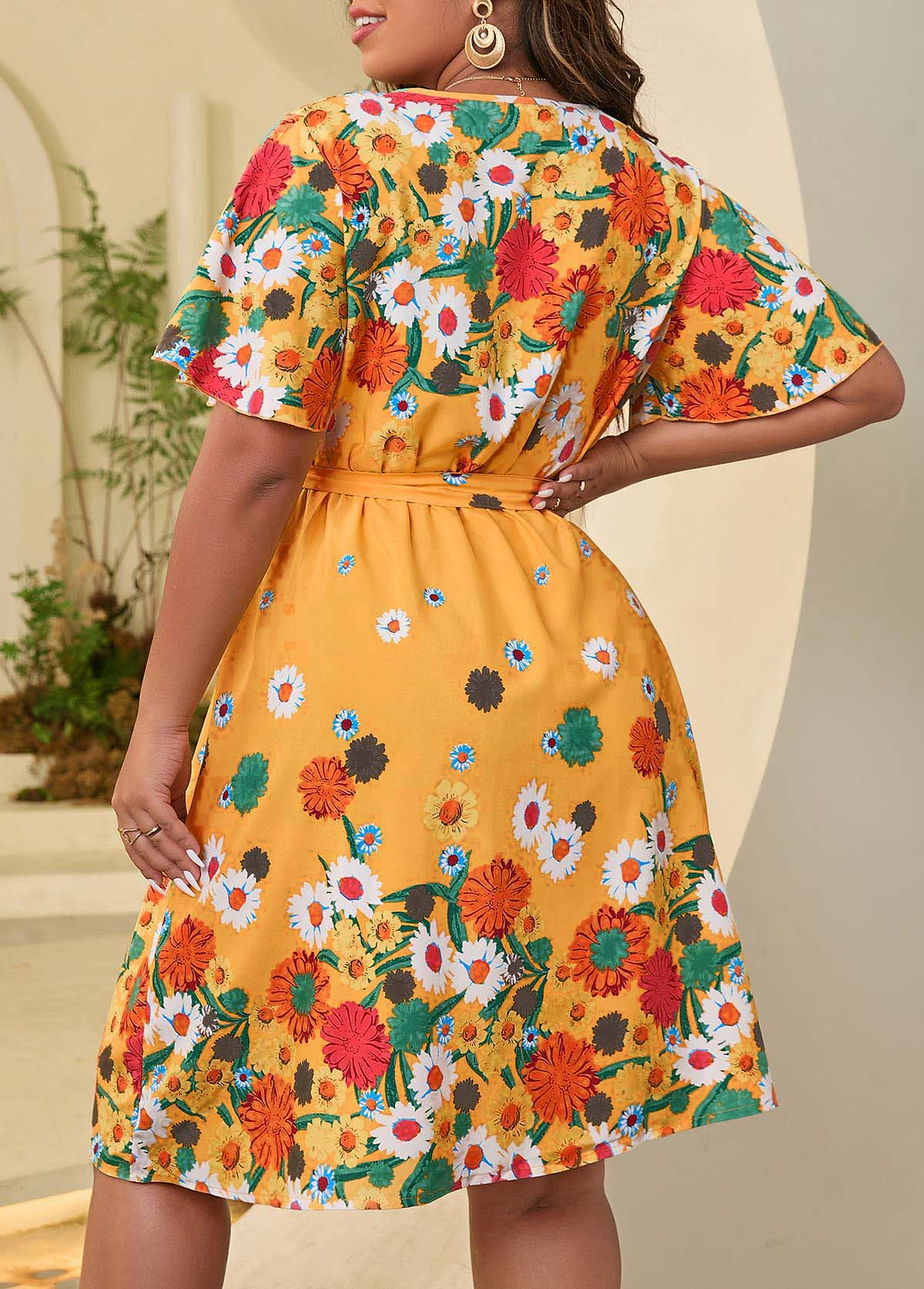 V Neck Yellow Plus Size Floral Print Belted Dress