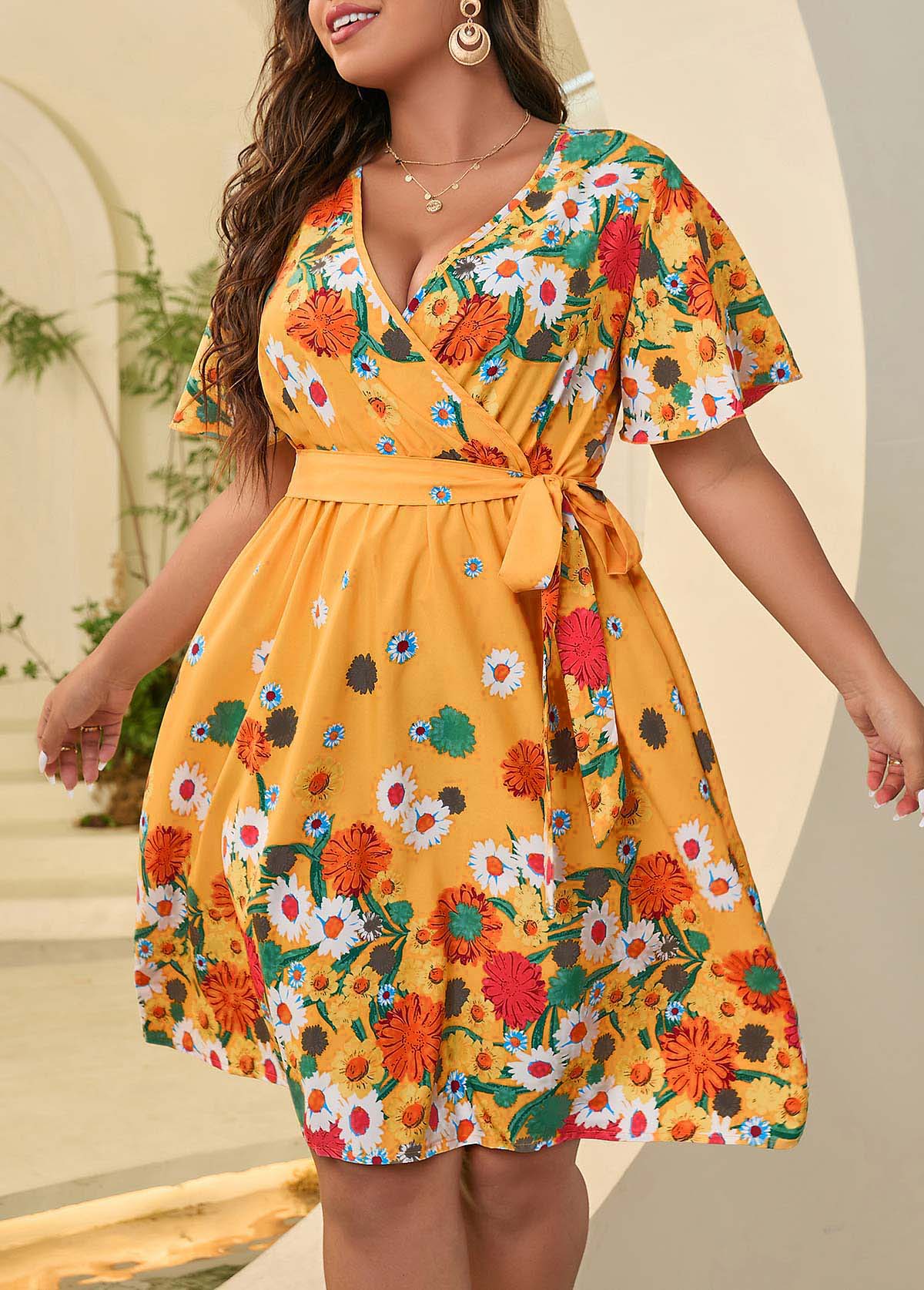 V Neck Yellow Plus Size Floral Print Belted Dress