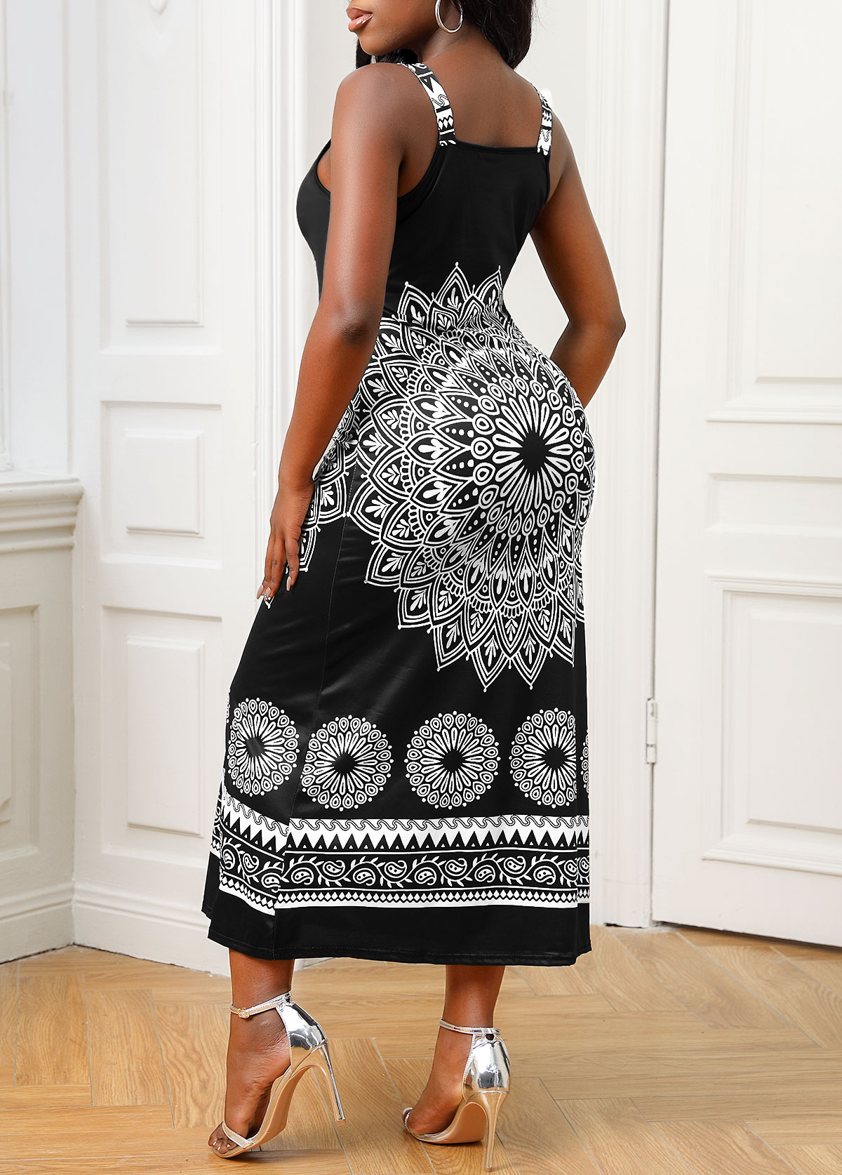 Black Tribal Print Wide Strap Dress