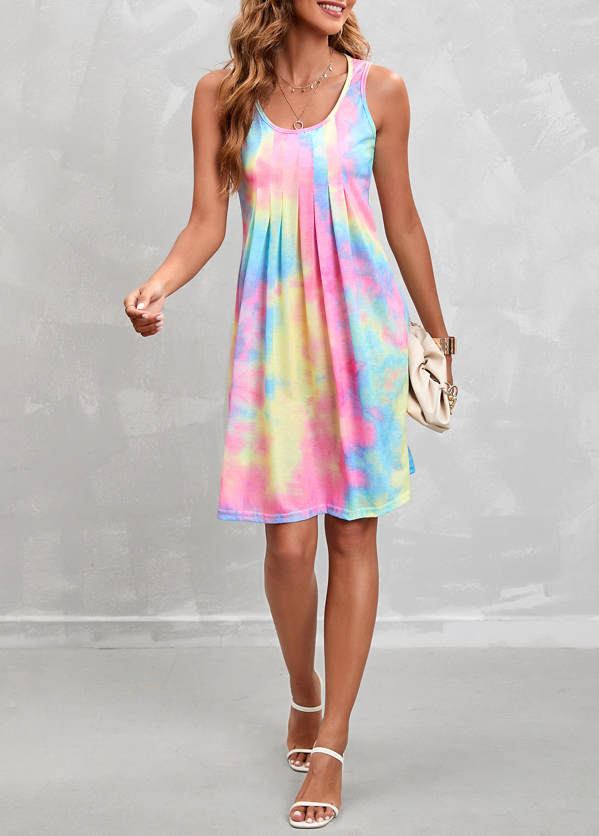 Multi Color Sleeveless Pleated Design Dress