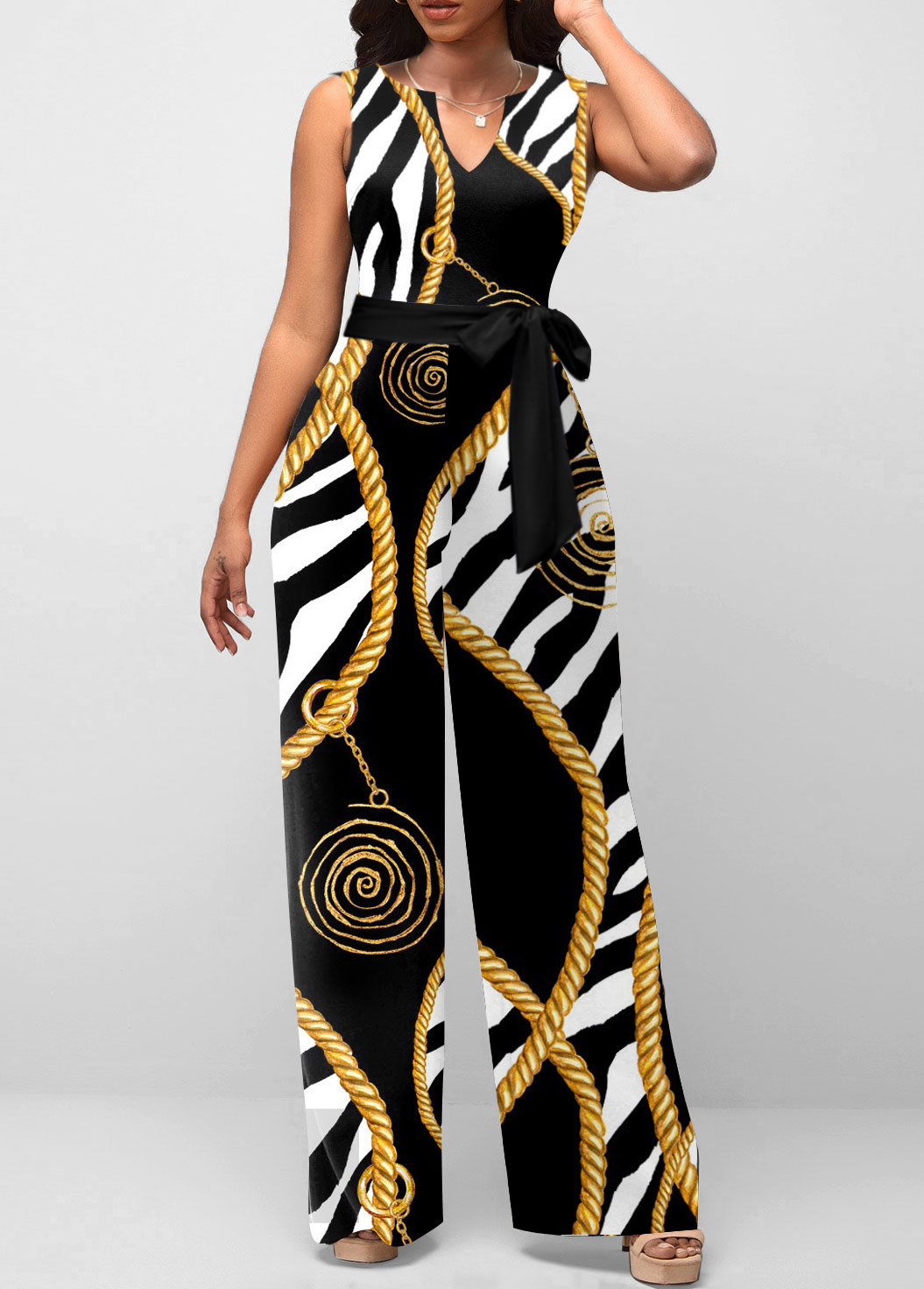 Zebra Print Black Belted Split Neck Jumpsuit