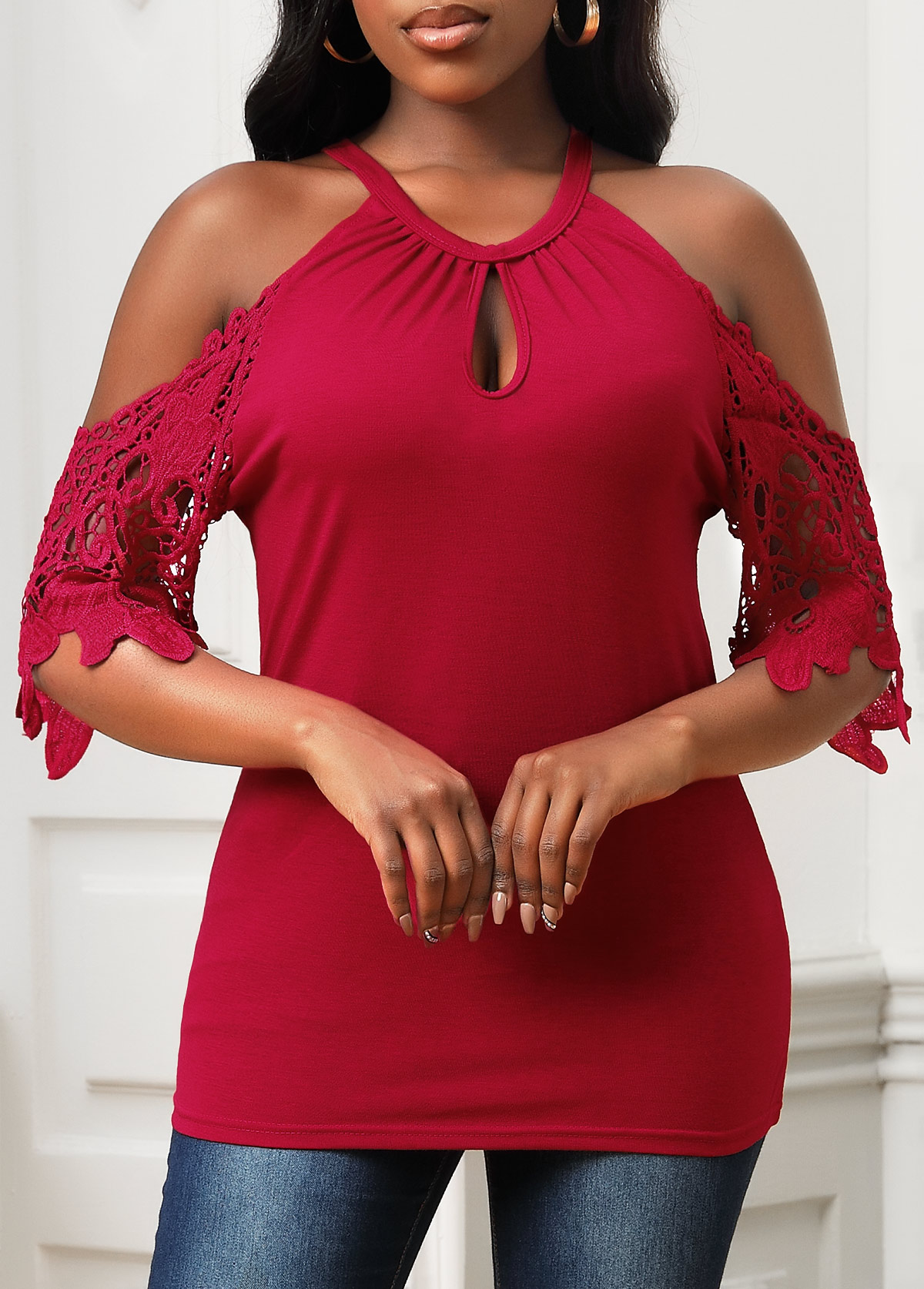 Lace Stitching Cold Shoulder Wine Red T Shirt