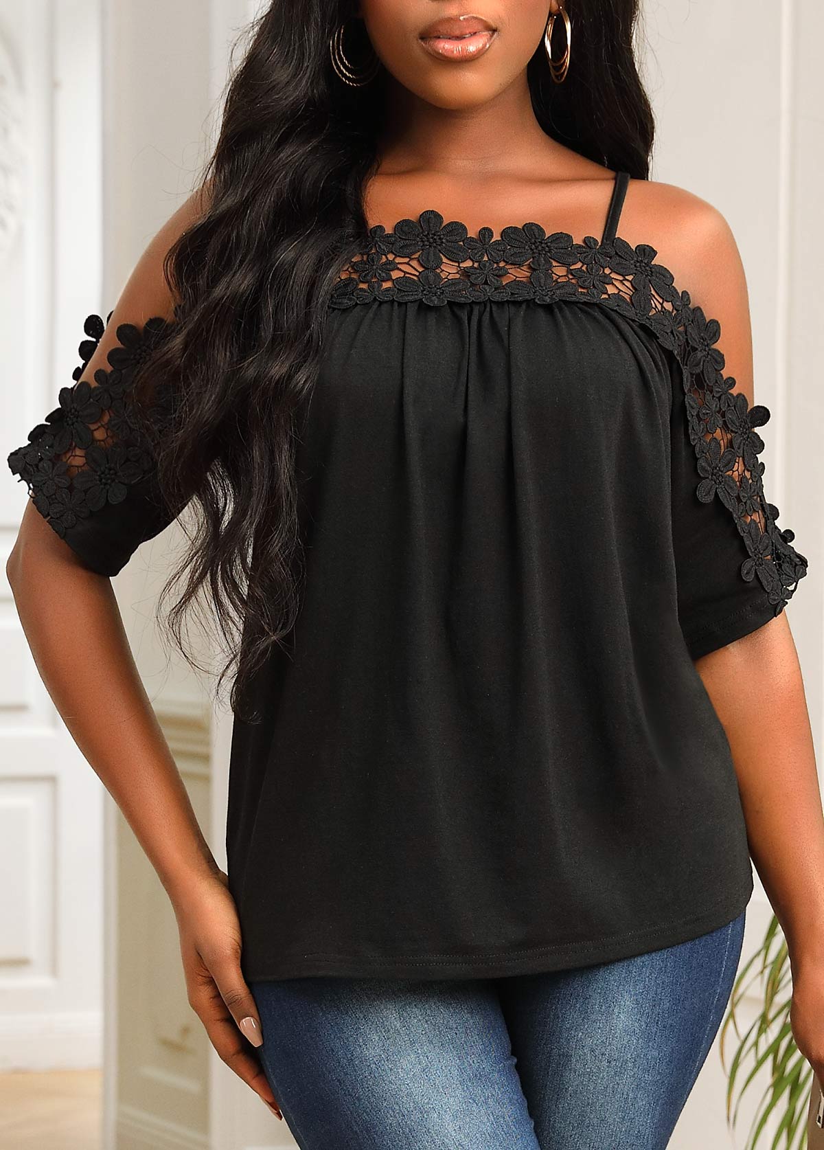 Black Lace Stitching Strappy Cold Shoulder T Shirt