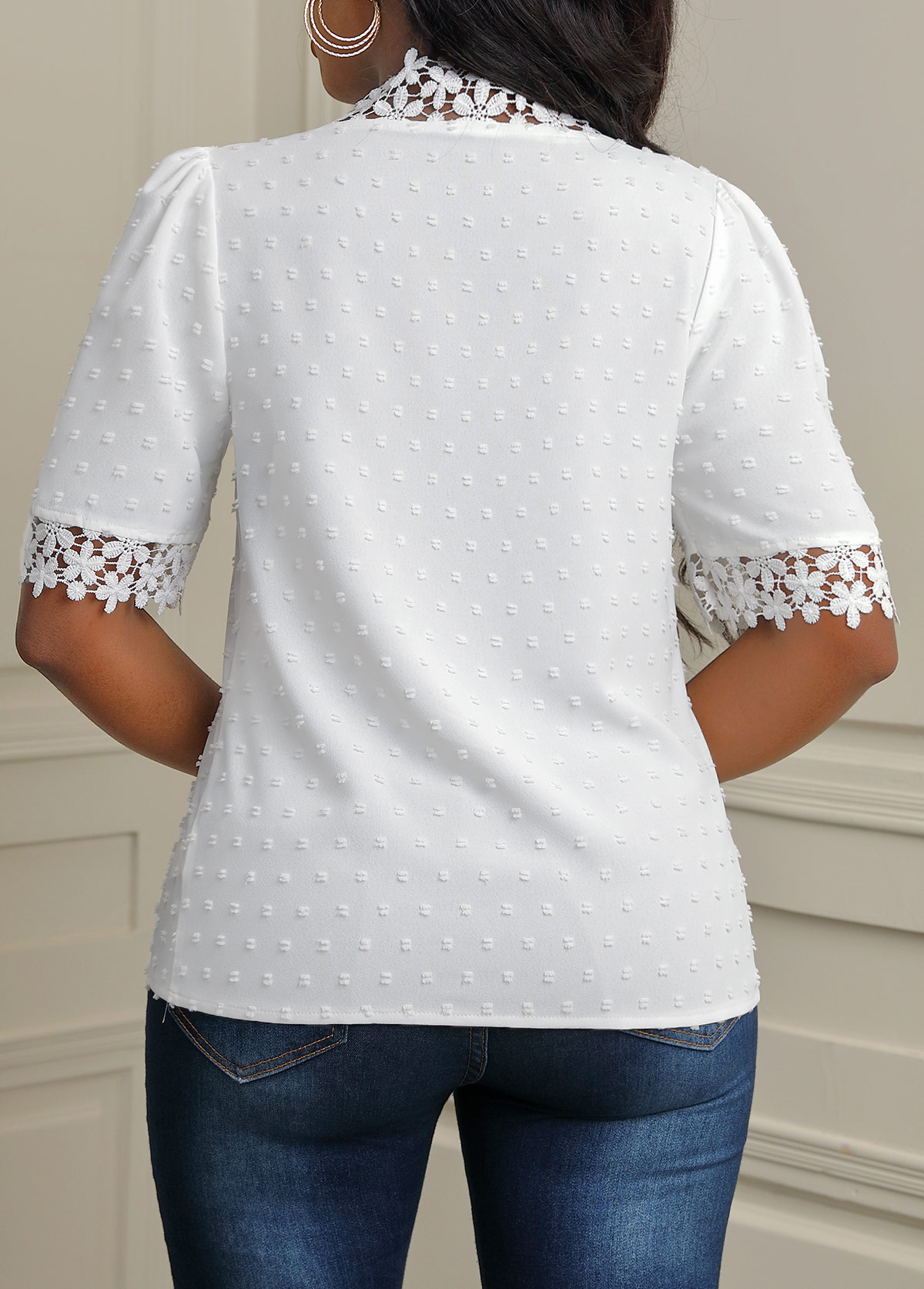 Lace Patchwork V Neck White Short Sleeve T Shirt