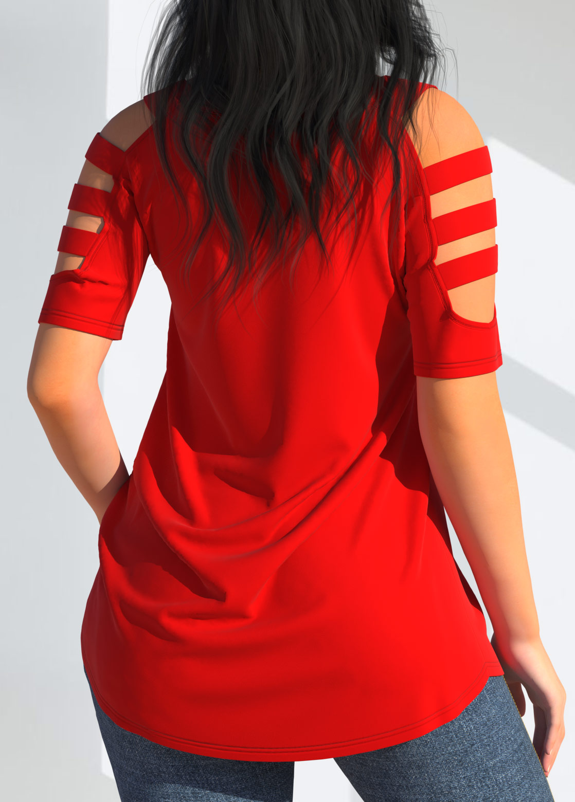 Cold Shoulder Red V Neck T Shirt