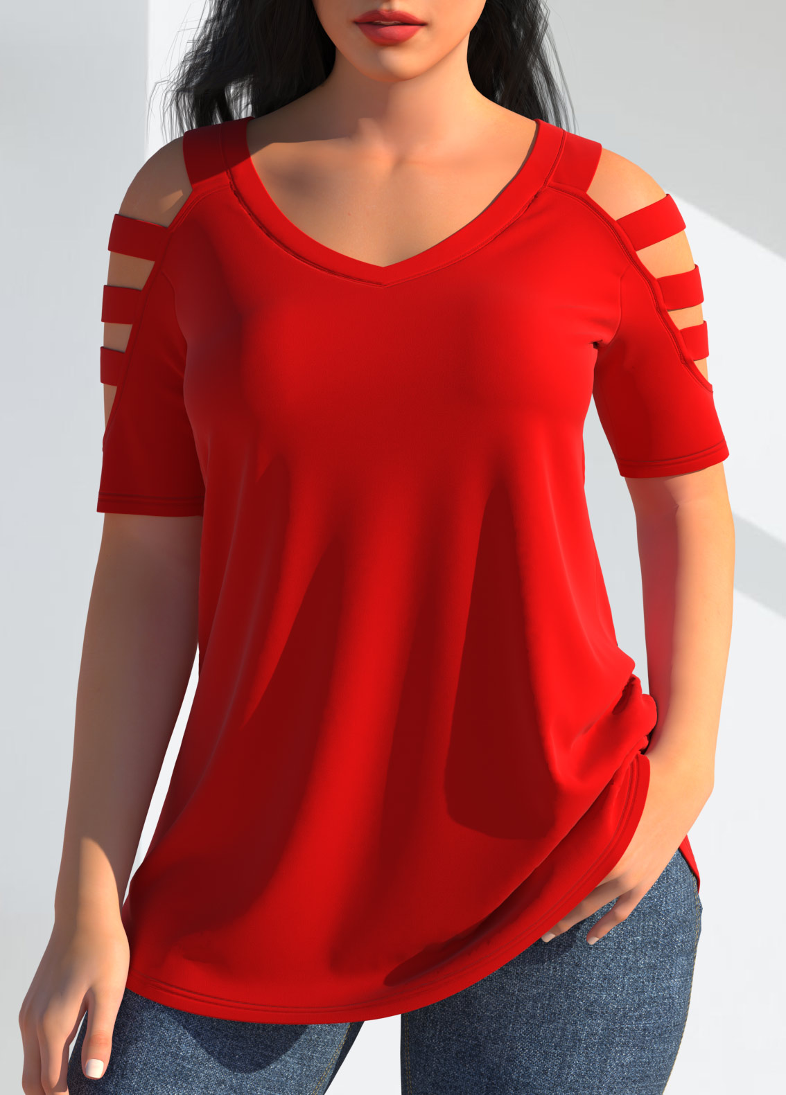 Cold Shoulder Red V Neck T Shirt