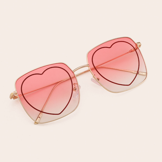 Metal Frame Pink Heart Print Sunglasses