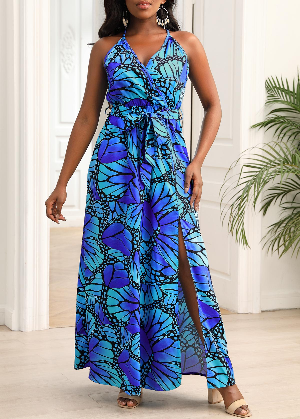 Blue Belted Butterfly Print Spaghetti Strap Dress