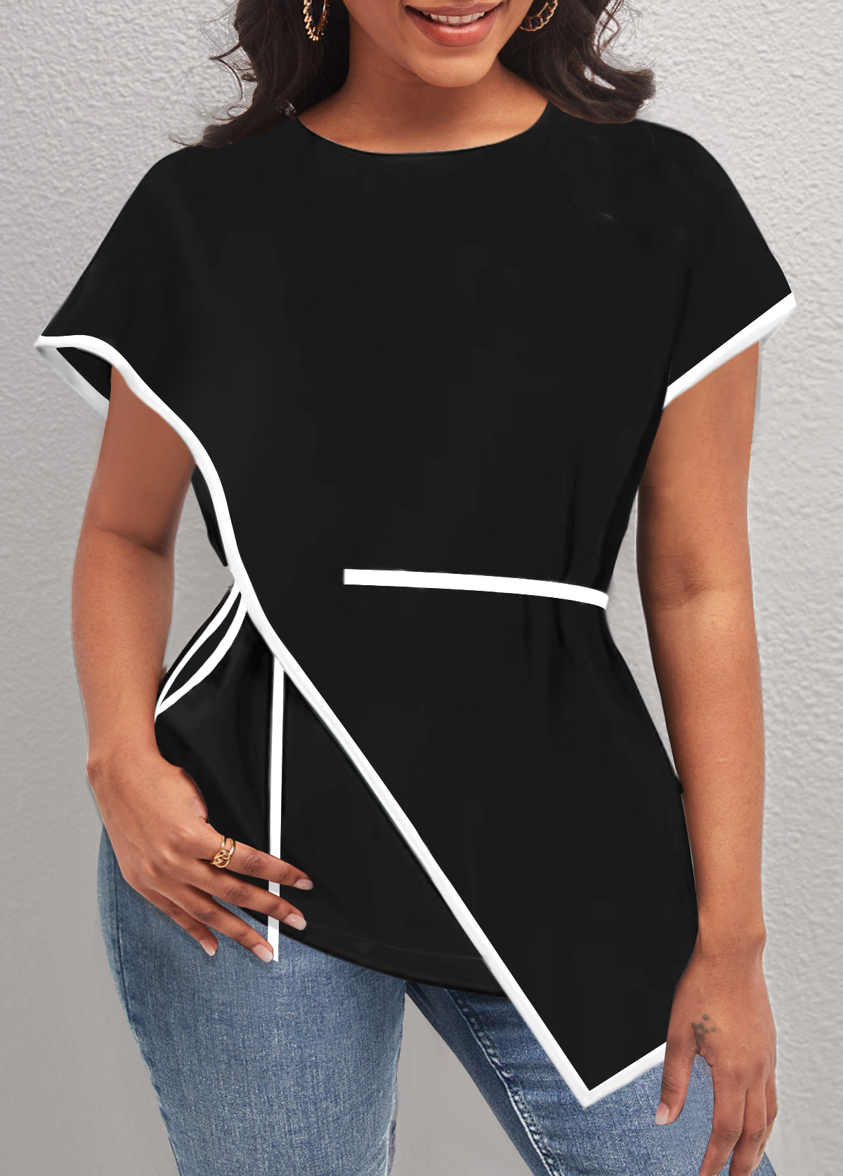Black Asymmetric Hem Contrast Stitch T Shirt
