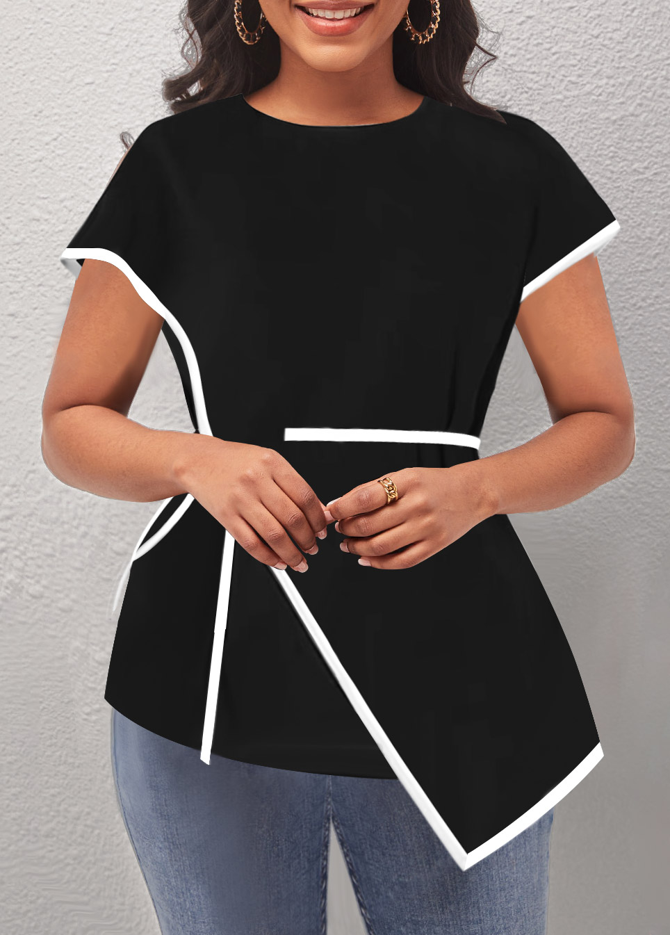 Black Asymmetric Hem Contrast Stitch T Shirt