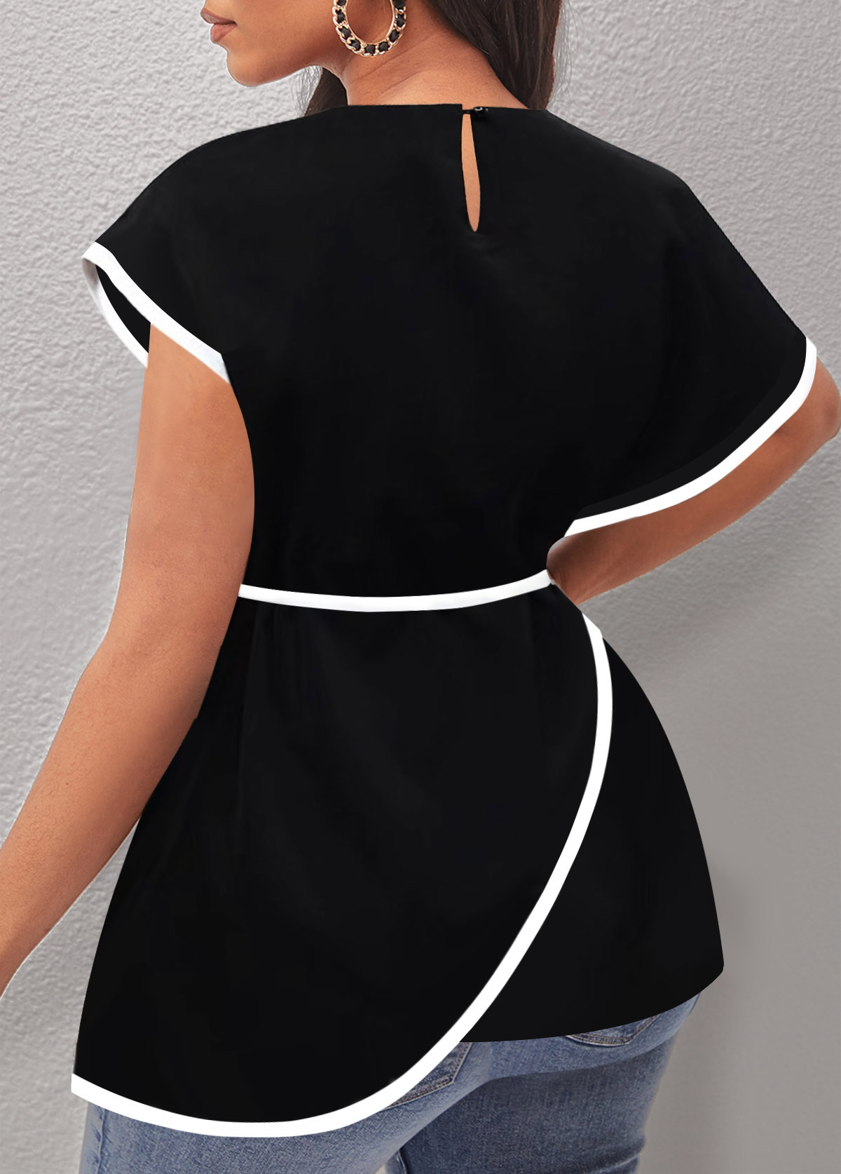 Black Asymmetric Hem Contrast Stitch T Shirt