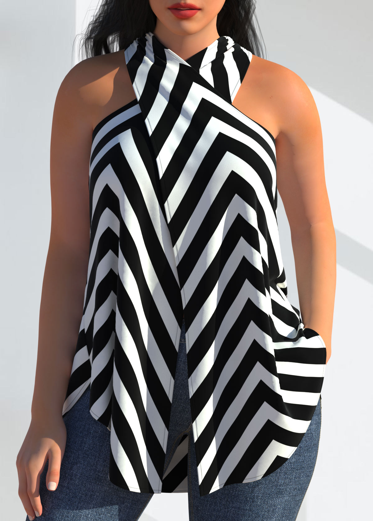 Chevron Print Black Cross Front Halter Tank Top