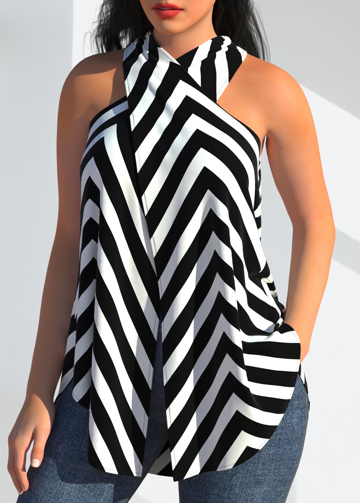 Chevron Print Black Cross Front Halter Tank Top
