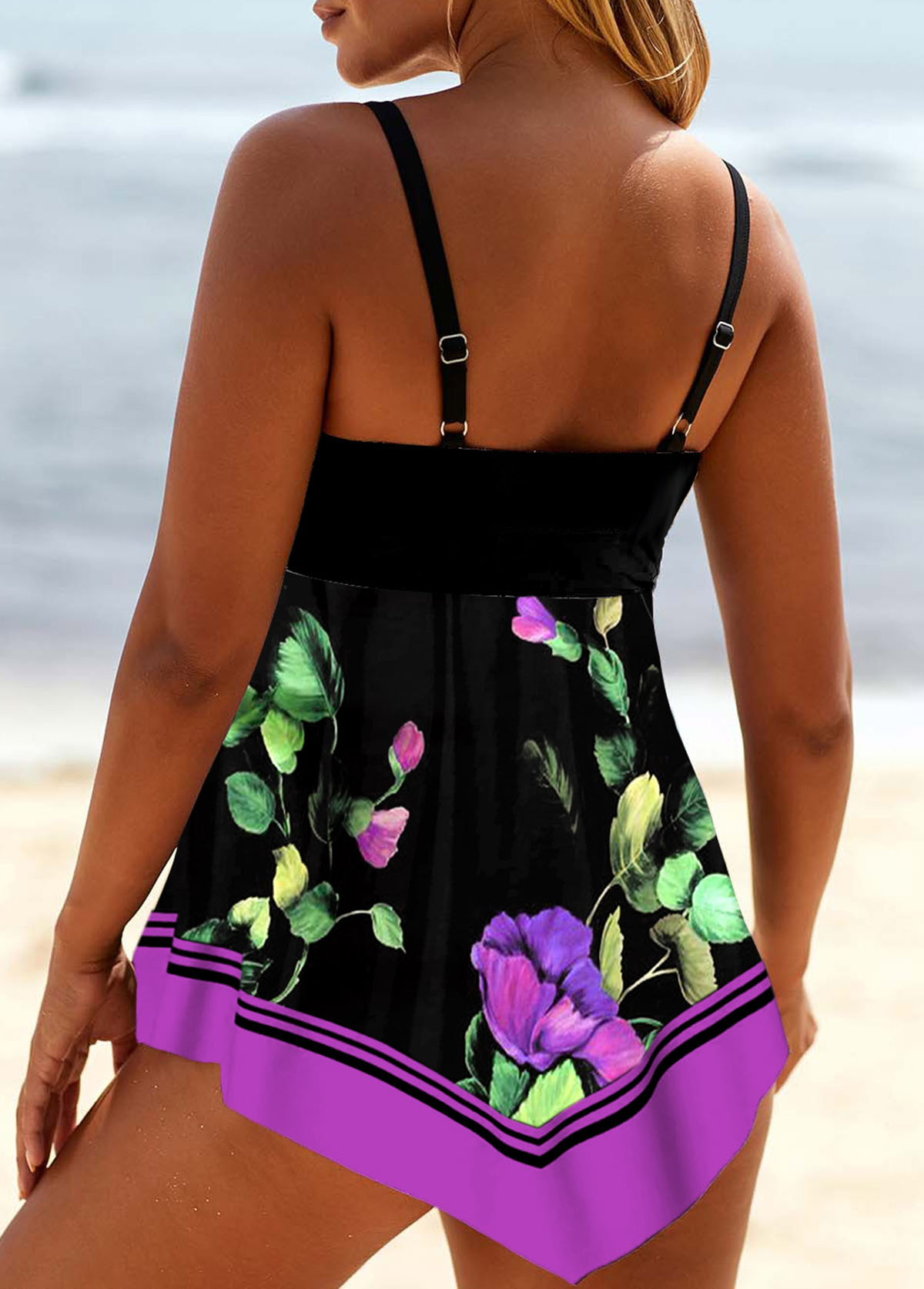 Asymmetric Hem Floral Print Purple Swimdress Set