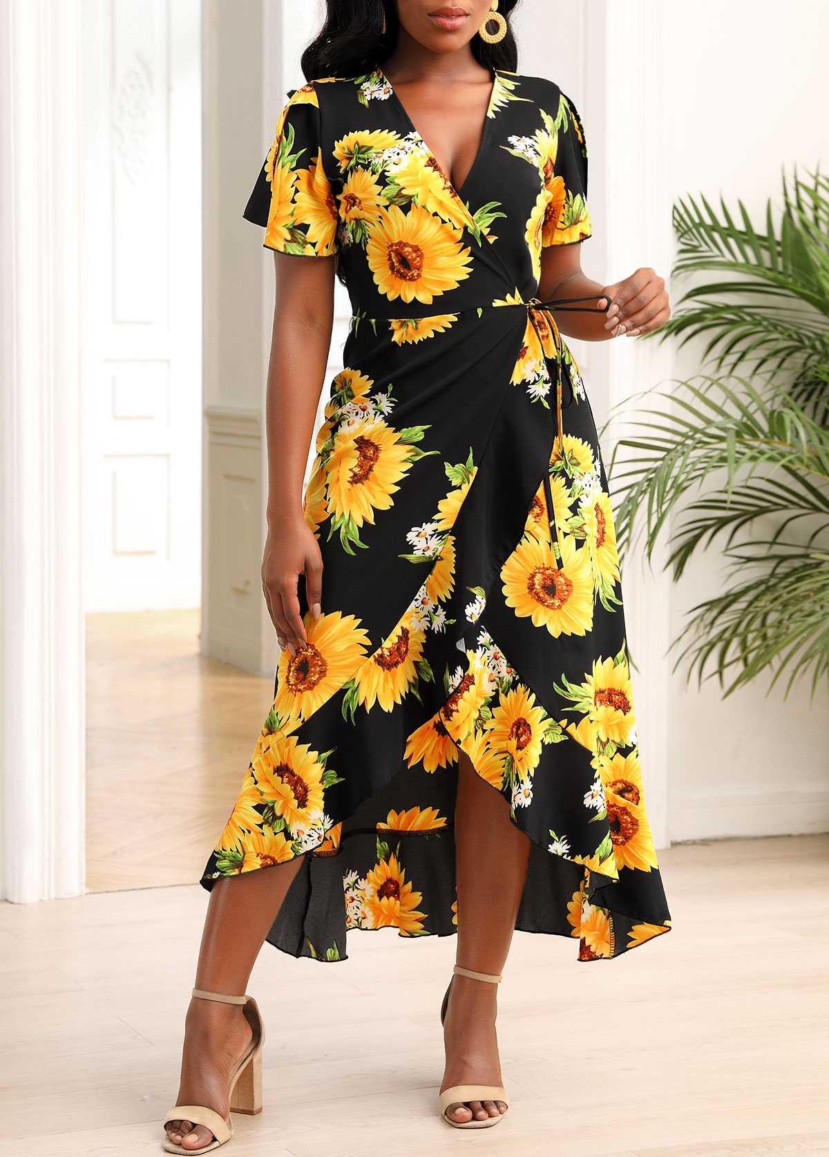 Ruffle Hem Black Sunflower Print Wrap Dress