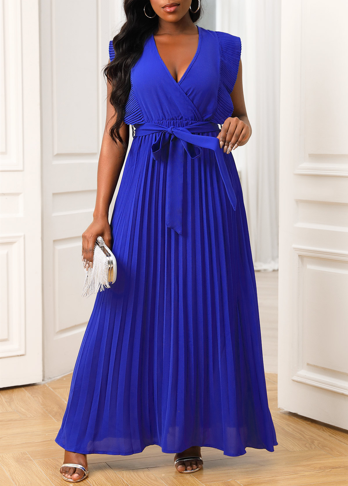 Royal Blue Ruffle Sleeve Belted Dress