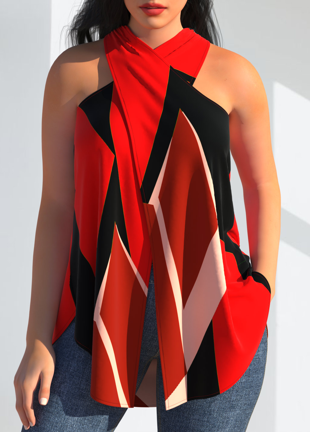 Geometric Print Cross Halter Red Tank Top