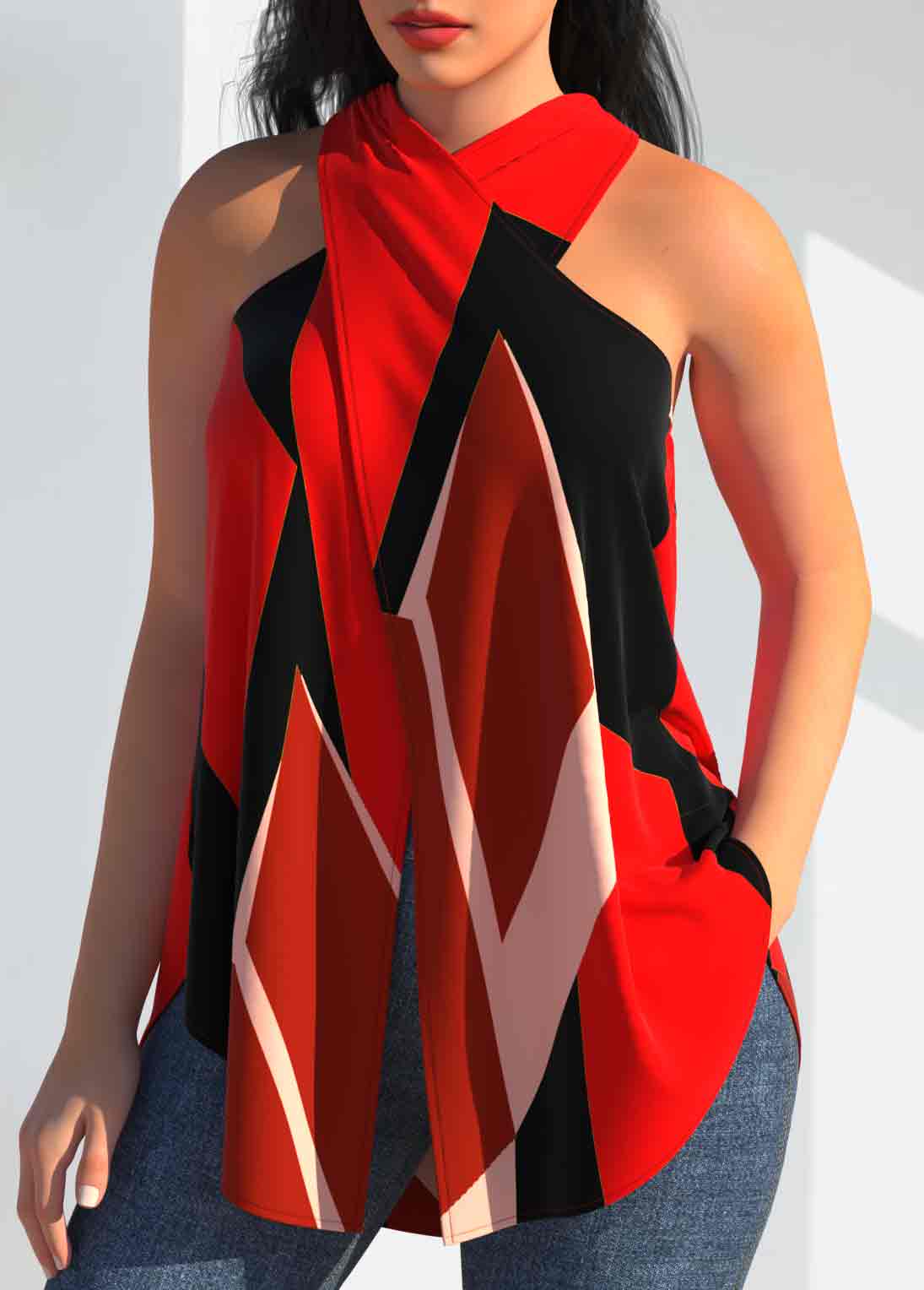 Geometric Print Cross Halter Red Tank Top