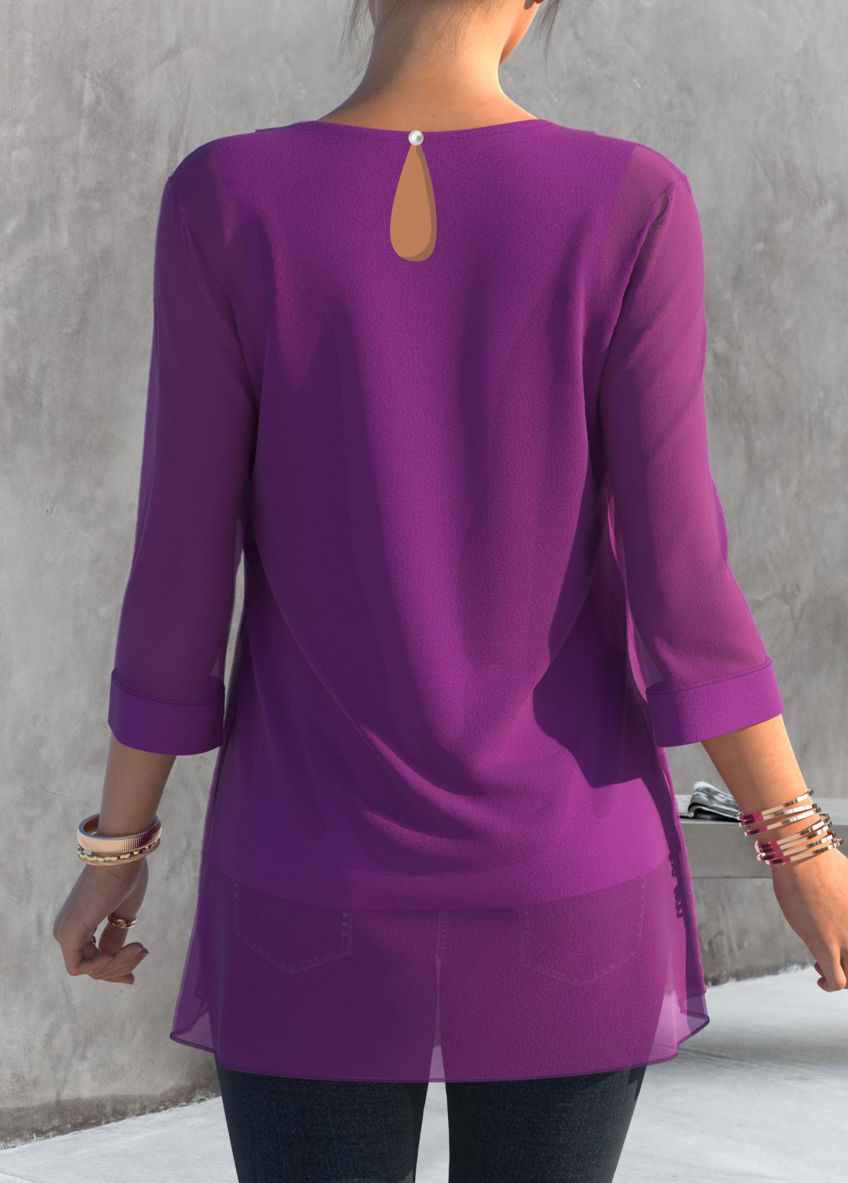 Embellished Neck Purple 3/4 Sleeve T Shirt