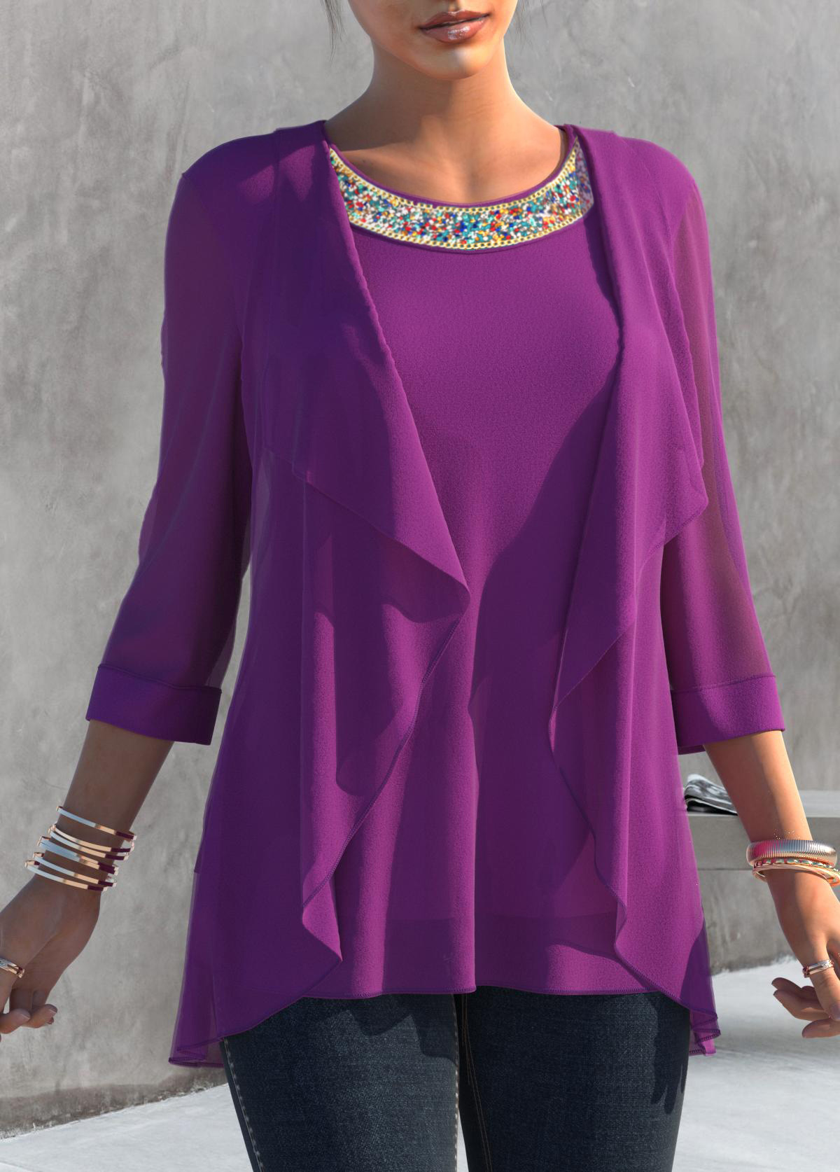 Embellished Neck Purple 3/4 Sleeve T Shirt