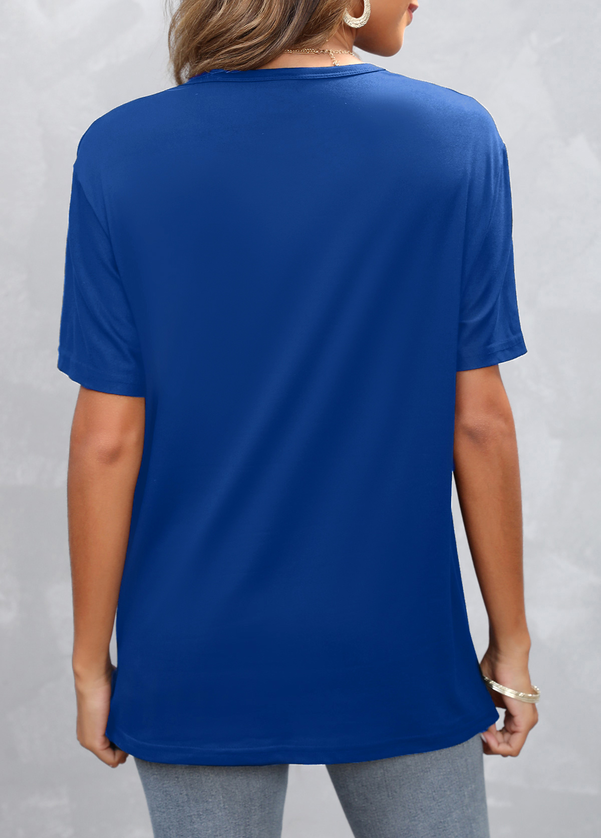 Round Neck Blue Hot Drilling T Shirt