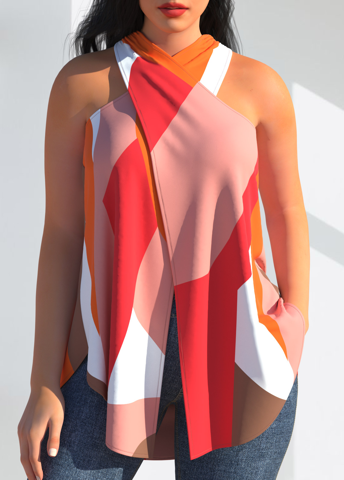 Multi Color Geometric Print Cross Halter Tank Top