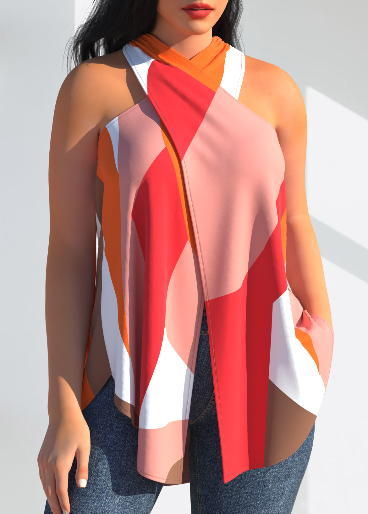 Multi Color Geometric Print Cross Halter Tank Top