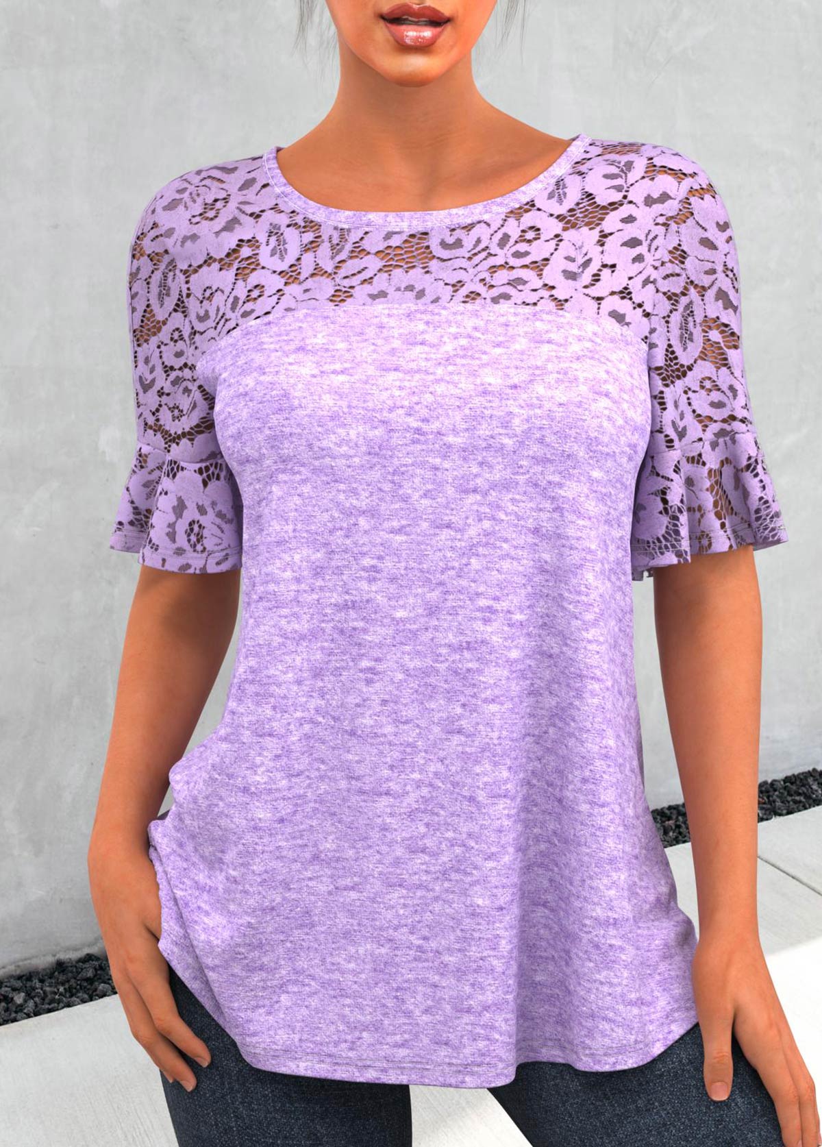 Lace Patchwork Purple Round Neck T Shirt