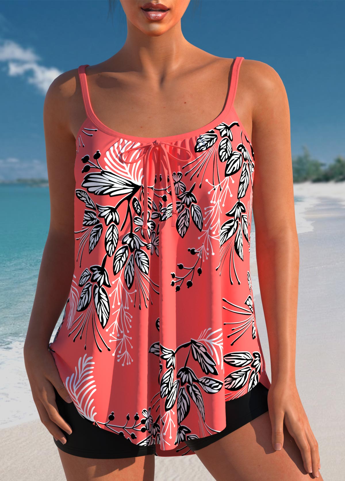 Leaf Print Bowknot Coral Red Tankini Top-No Bottom