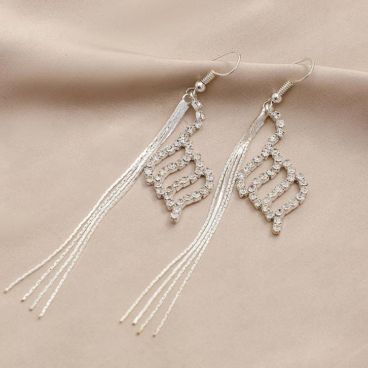 Tassel Geometric Design Silvery White Metal Detail Earrings