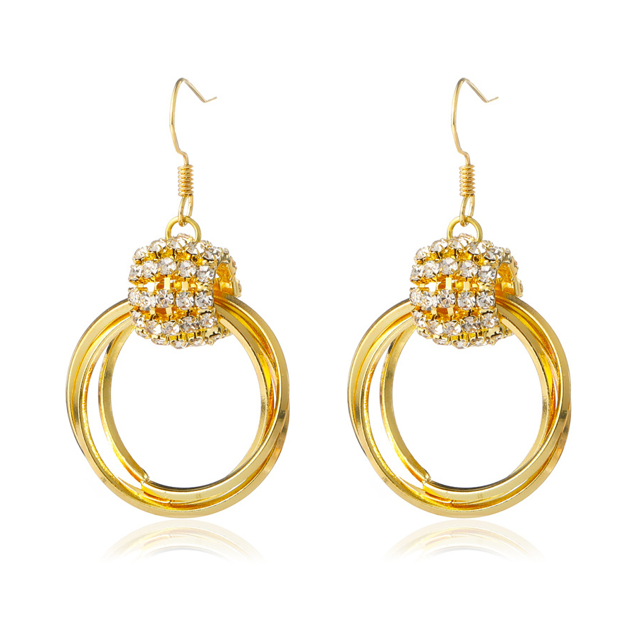 Circle Shape Rhinestone Design Gold Earrings