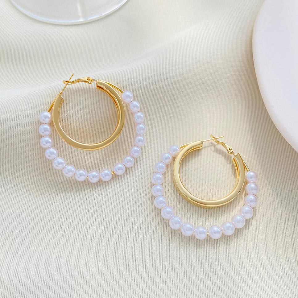 Gold Layered Pearl Metal Detail Earrings